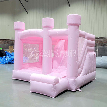 Inflatable Round Flat Top Pastel Pink Jumping House With Slide