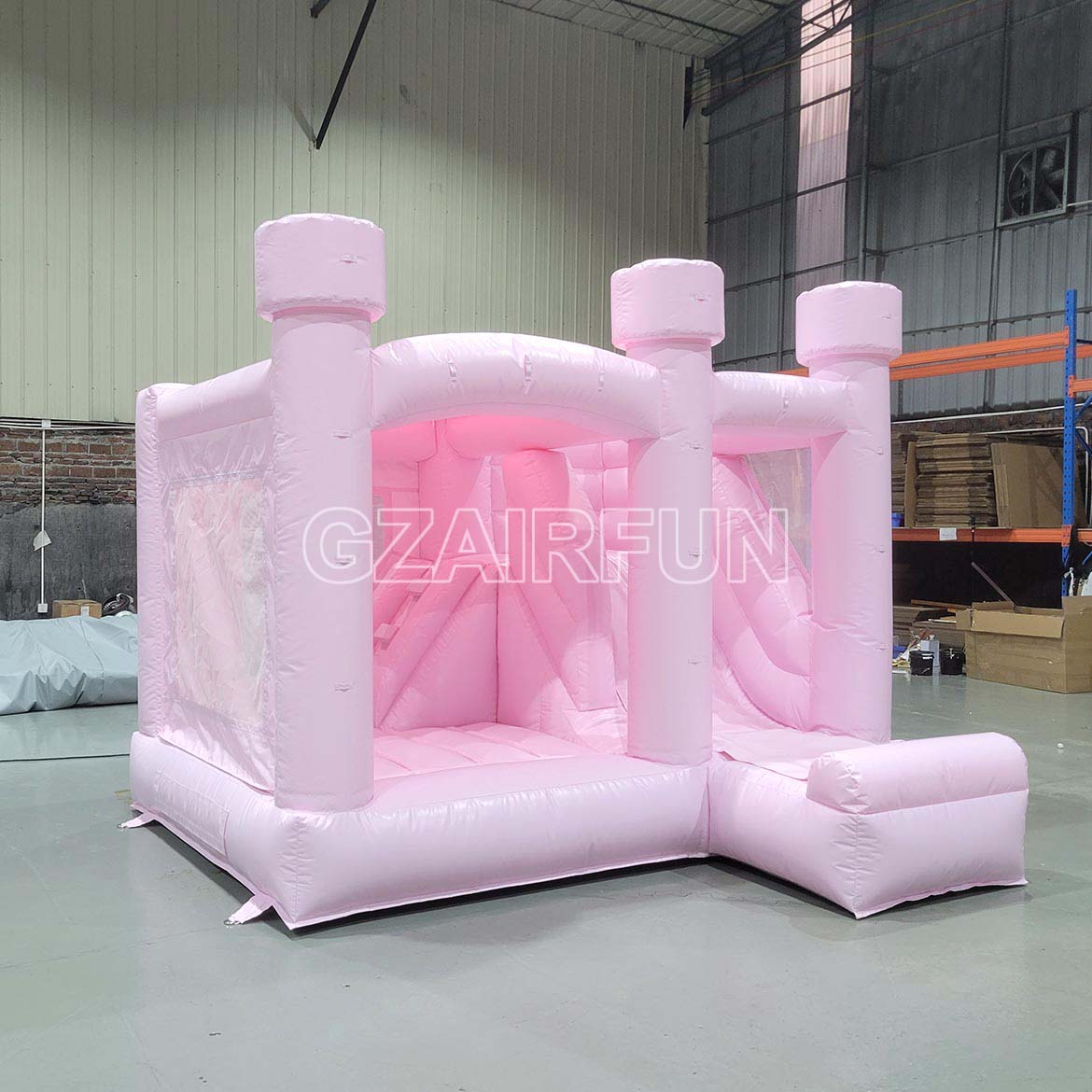 Inflatable Round Flat Top Pastel Pink Jumping House With Slide