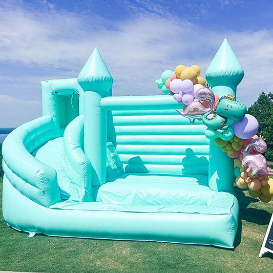 Inflatable Teal Castle Waterslide With Balloon Decoration