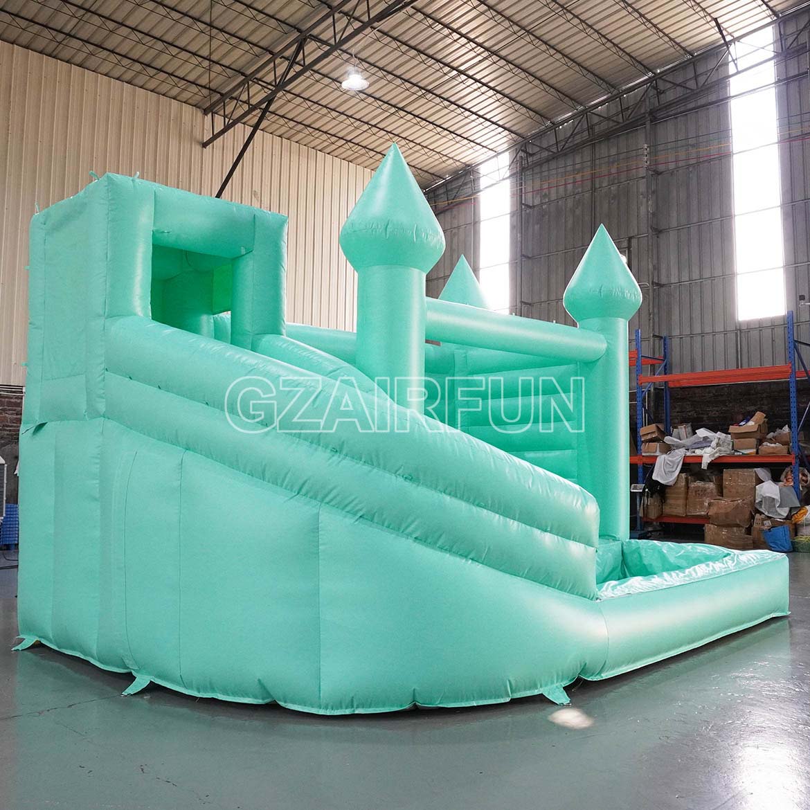 Inflatable Teal Castle Waterslide With Balloon Decoration