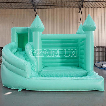 Inflatable Teal Castle Waterslide With Balloon Decoration