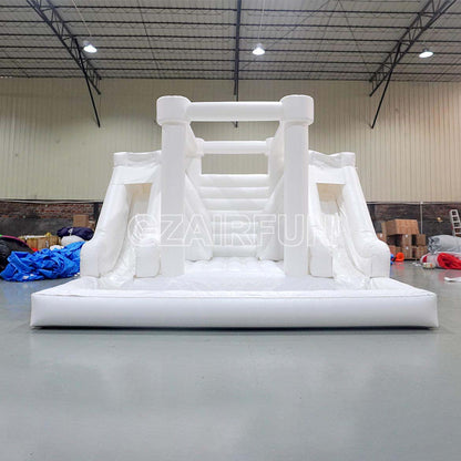 Inflatable White Bounce Combo With Dual Lane Slide And Pool