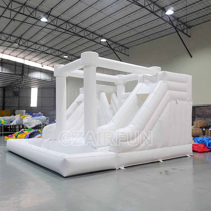 Inflatable White Bounce Combo With Dual Lane Slide And Pool