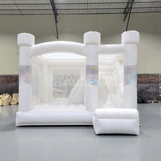 Inflatable Round Flat Top White Bounce Combo With Slide And Balloon Fly